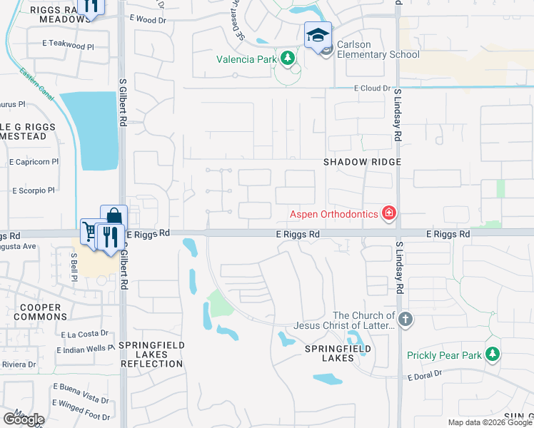 map of restaurants, bars, coffee shops, grocery stores, and more near 3615 East Gemini Place in Chandler