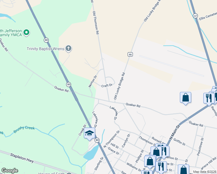 map of restaurants, bars, coffee shops, grocery stores, and more near 204 Craft Drive in Wrens