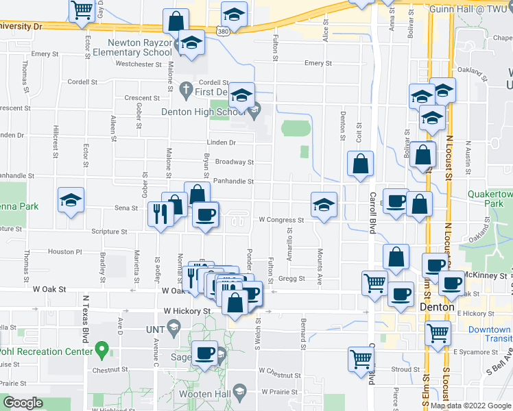 map of restaurants, bars, coffee shops, grocery stores, and more near 1121 Egan Street in Denton