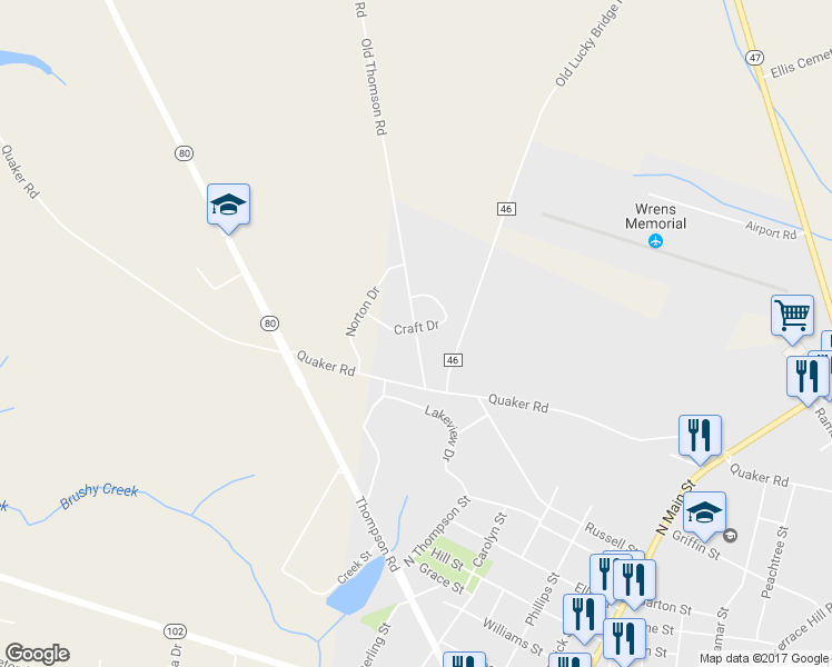 map of restaurants, bars, coffee shops, grocery stores, and more near 312 Old Thomson Road in Wrens