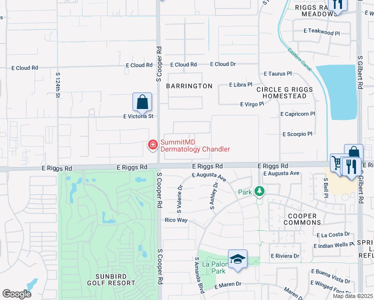map of restaurants, bars, coffee shops, grocery stores, and more near 2125 East Gemini Place in Chandler