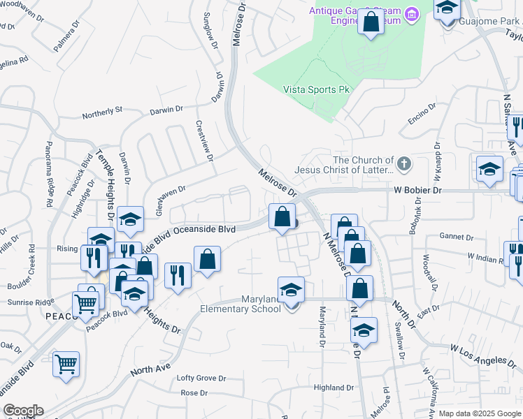map of restaurants, bars, coffee shops, grocery stores, and more near 1646 Fig Tree Way in Oceanside