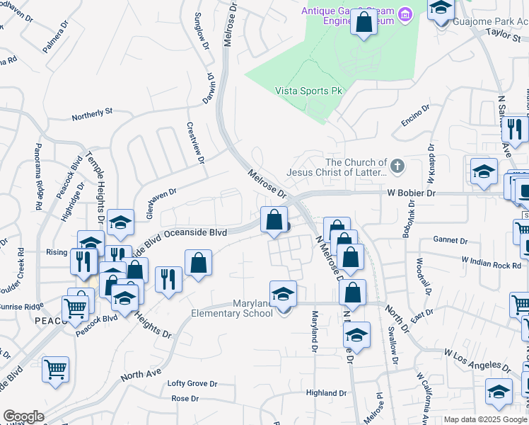 map of restaurants, bars, coffee shops, grocery stores, and more near 1609 Fig Tree Way in Oceanside