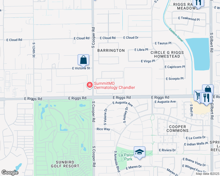 map of restaurants, bars, coffee shops, grocery stores, and more near 2124 East Gemini Place in Chandler