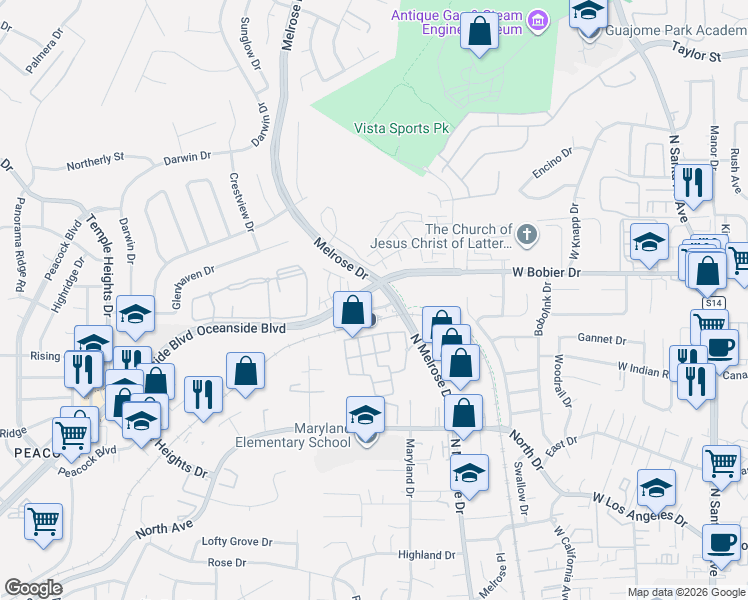 map of restaurants, bars, coffee shops, grocery stores, and more near in Oceanside