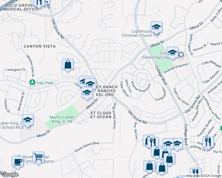 map of restaurants, bars, coffee shops, grocery stores, and more near 464-526 Dakota Way in Oceanside
