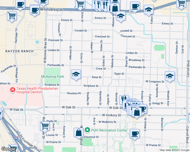 map of restaurants, bars, coffee shops, grocery stores, and more near 1910 Sena Street in Denton