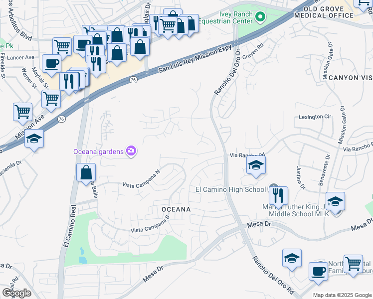map of restaurants, bars, coffee shops, grocery stores, and more near 3890 San Pablo Avenue in Oceanside