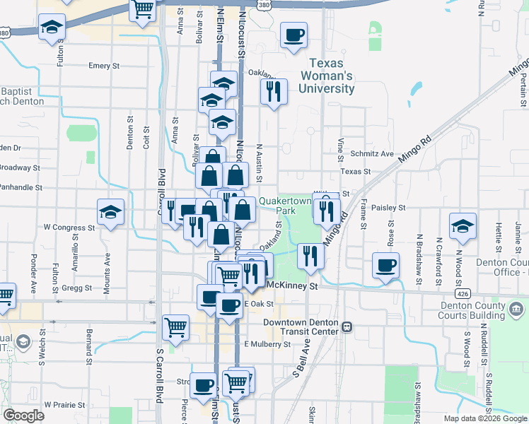 map of restaurants, bars, coffee shops, grocery stores, and more near 700 North Austin Street in Denton