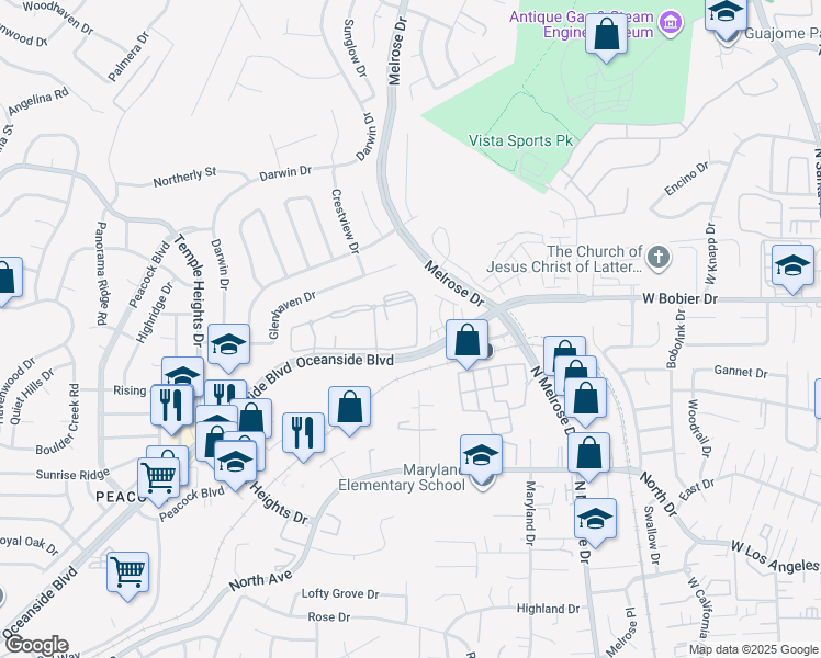 map of restaurants, bars, coffee shops, grocery stores, and more near 2423 Catalina Circle in Oceanside