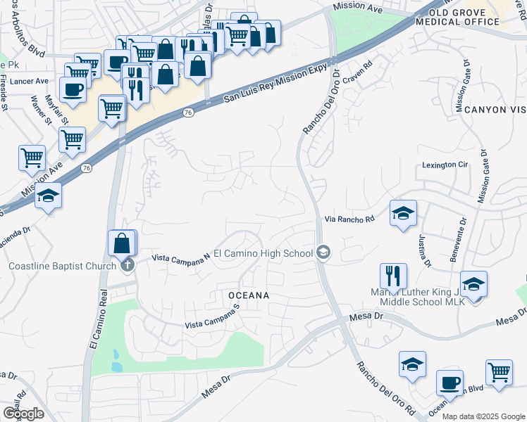 map of restaurants, bars, coffee shops, grocery stores, and more near 3890 San Pablo Avenue in Oceanside