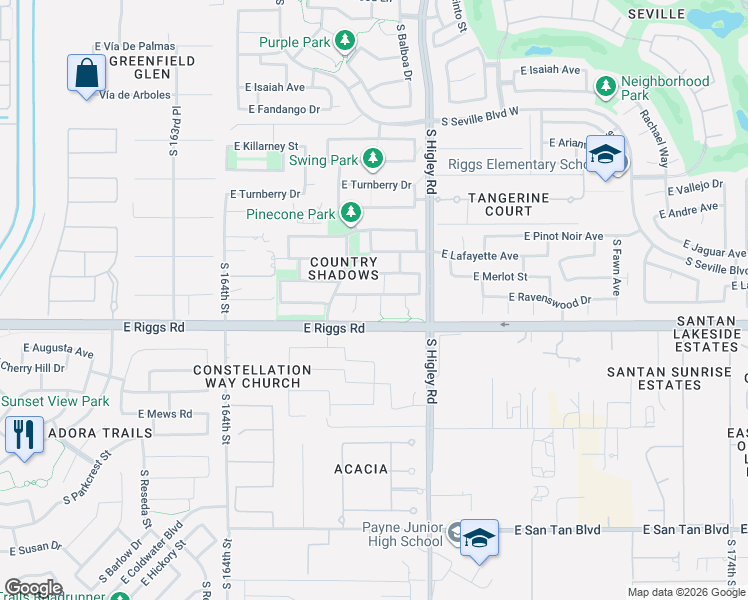 map of restaurants, bars, coffee shops, grocery stores, and more near 3086 East Ravenswood Drive in Gilbert