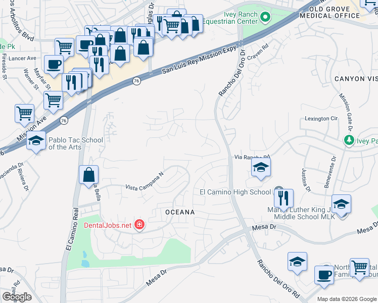 map of restaurants, bars, coffee shops, grocery stores, and more near 3890 San Pablo Avenue in Oceanside