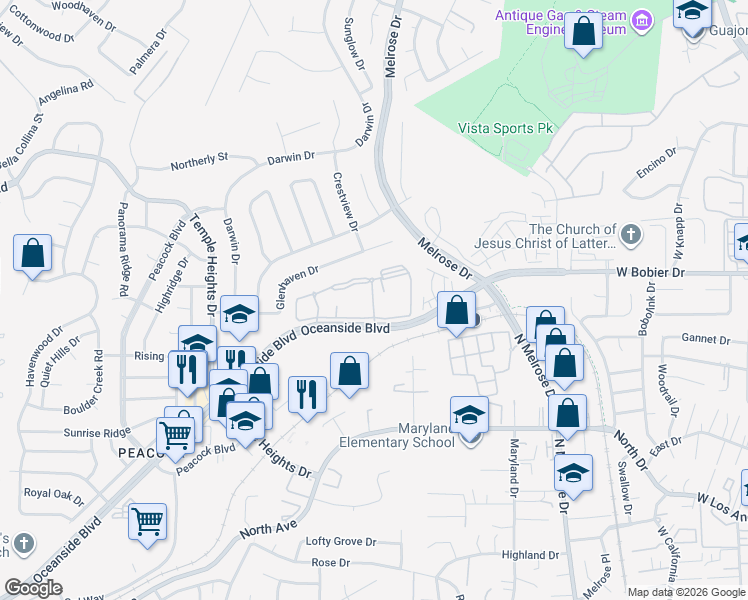 map of restaurants, bars, coffee shops, grocery stores, and more near 2300 Catalina Circle in Oceanside