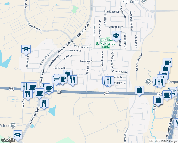 map of restaurants, bars, coffee shops, grocery stores, and more near 2000 Skyline Drive in McKinney