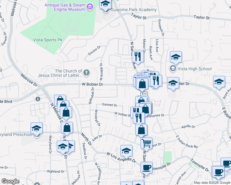 map of restaurants, bars, coffee shops, grocery stores, and more near 1348 Dorsey Way in Vista