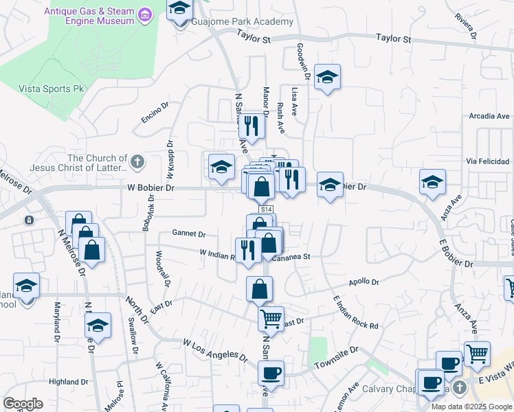 map of restaurants, bars, coffee shops, grocery stores, and more near 1450 North Santa Fe Avenue in Vista