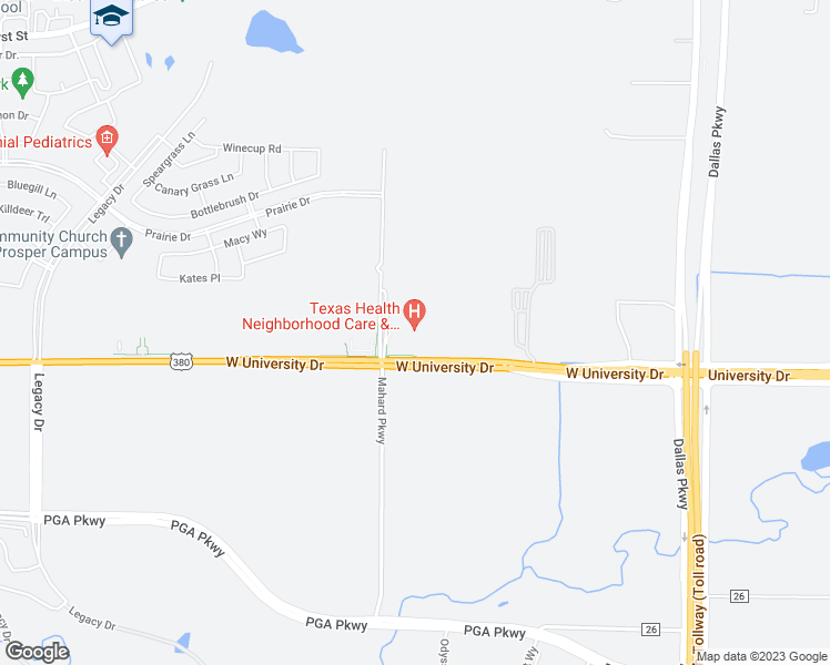 map of restaurants, bars, coffee shops, grocery stores, and more near 1970 West University Drive in Prosper