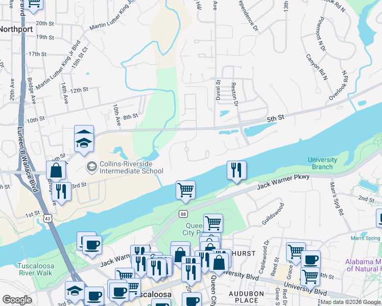 map of restaurants, bars, coffee shops, grocery stores, and more near 201 Marina Drive in Tuscaloosa