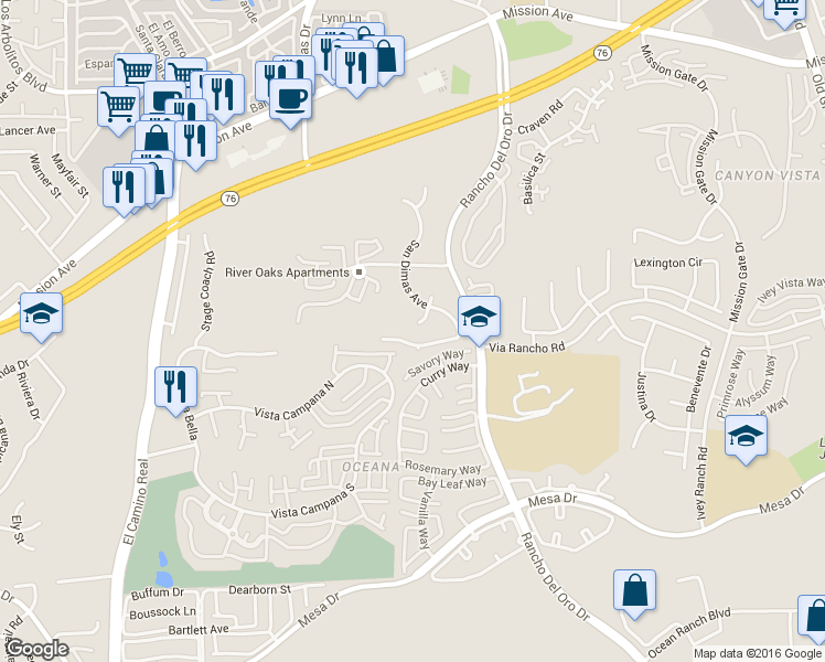 map of restaurants, bars, coffee shops, grocery stores, and more near 3901 San Lorenzo Court in Oceanside