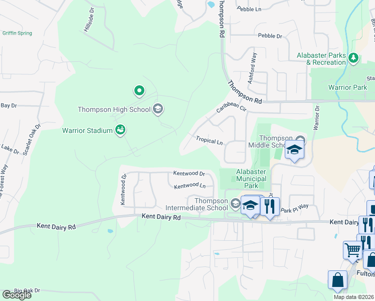 map of restaurants, bars, coffee shops, grocery stores, and more near 1633 Caribbean Circle in Alabaster