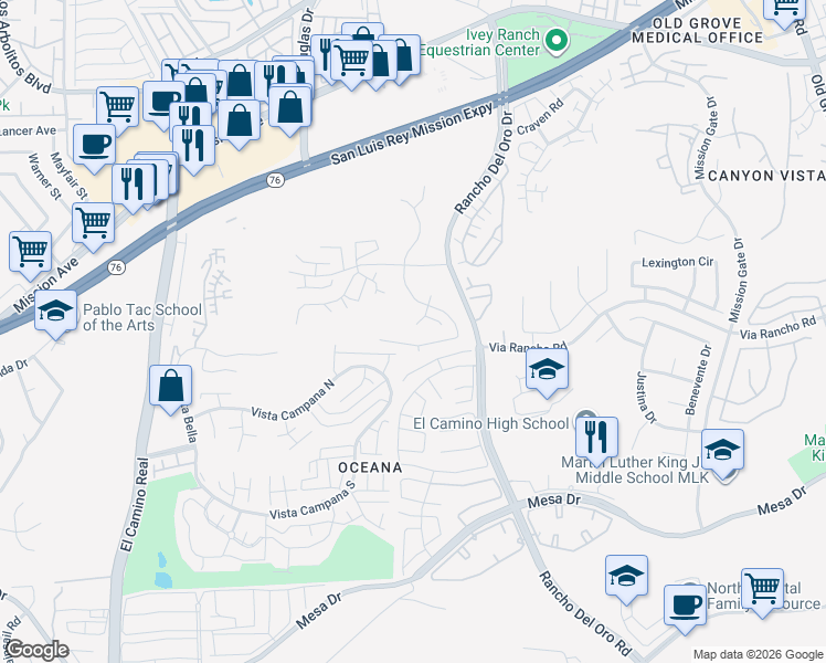 map of restaurants, bars, coffee shops, grocery stores, and more near 3901 San Lorenzo Court in Oceanside