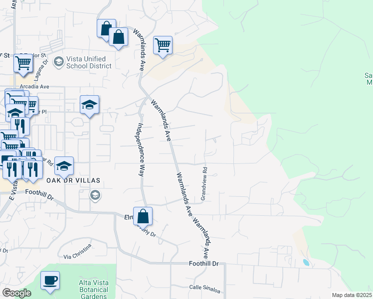 map of restaurants, bars, coffee shops, grocery stores, and more near 1443 Warmlands Avenue in Vista
