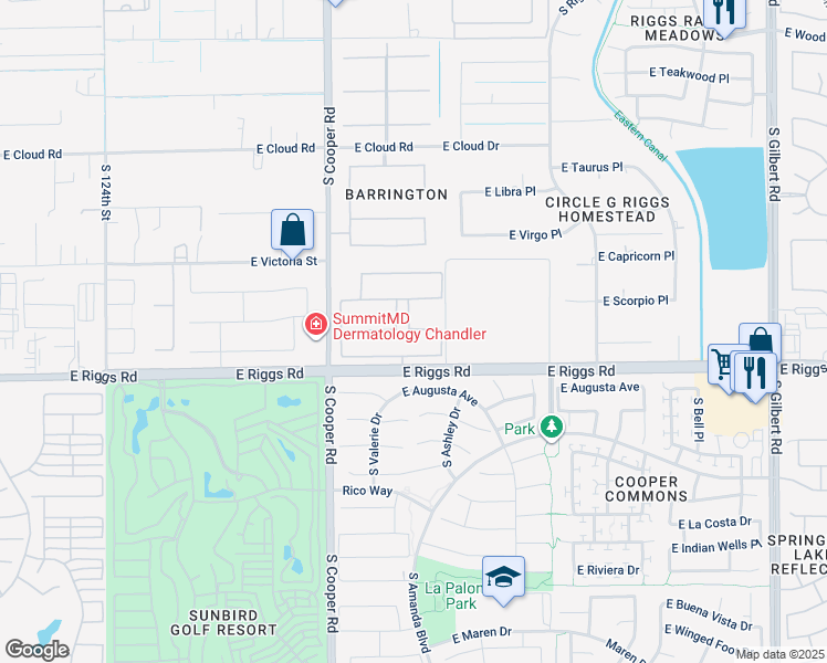 map of restaurants, bars, coffee shops, grocery stores, and more near 2155 East Gemini Place in Chandler