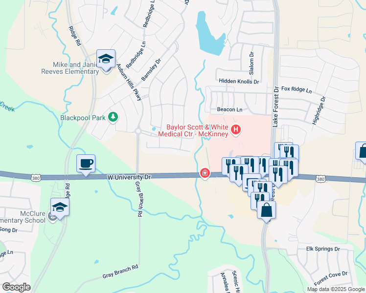 map of restaurants, bars, coffee shops, grocery stores, and more near 2050 Grafton Lane in McKinney