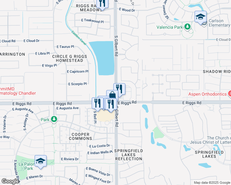 map of restaurants, bars, coffee shops, grocery stores, and more near 25114 South Gilbert Road in Chandler