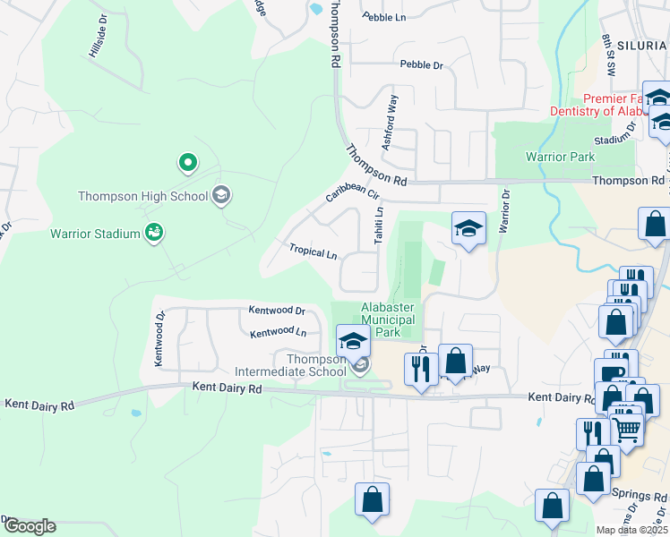 map of restaurants, bars, coffee shops, grocery stores, and more near 2345 Tahiti Lane in Alabaster