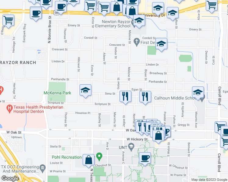 map of restaurants, bars, coffee shops, grocery stores, and more near 1808 Sena Street in Denton