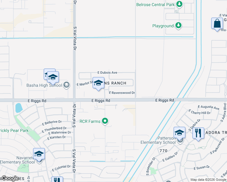map of restaurants, bars, coffee shops, grocery stores, and more near 1866 East Ravenswood Drive in Gilbert