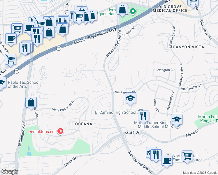 map of restaurants, bars, coffee shops, grocery stores, and more near 388 San Dimas Avenue in Oceanside