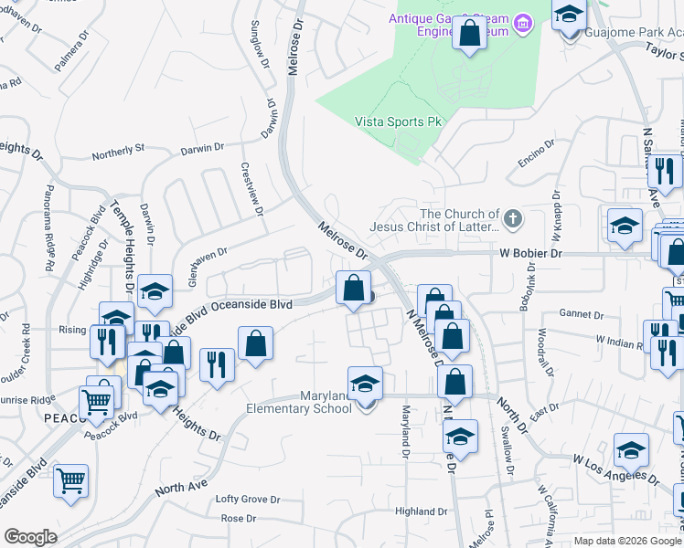 map of restaurants, bars, coffee shops, grocery stores, and more near 1622 Fig Tree Way in Oceanside