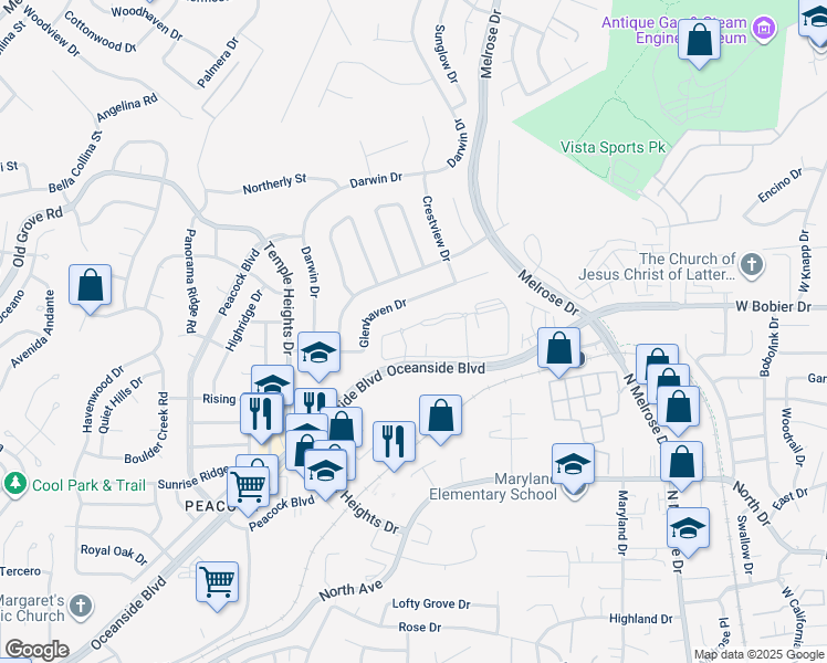 map of restaurants, bars, coffee shops, grocery stores, and more near 2300 Catalina Circle in Oceanside