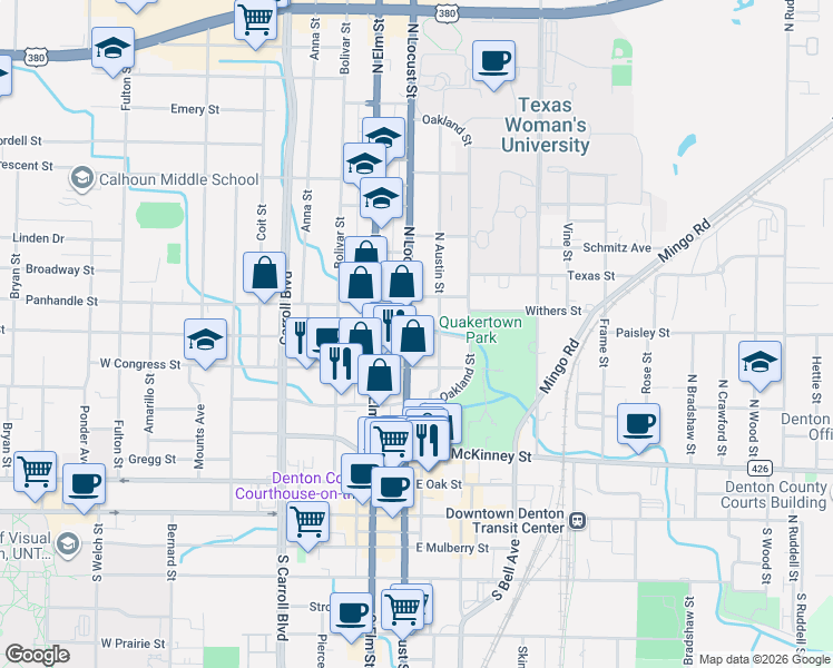 map of restaurants, bars, coffee shops, grocery stores, and more near 715-717 North Locust Street in Denton