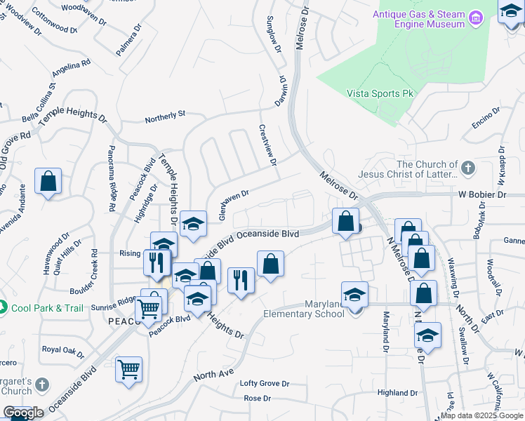 map of restaurants, bars, coffee shops, grocery stores, and more near 2316 Catalina Circle in Oceanside
