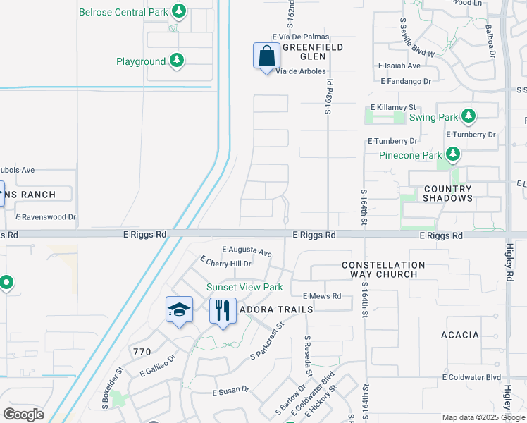 map of restaurants, bars, coffee shops, grocery stores, and more near 2538 East Ravenswood Drive in Gilbert