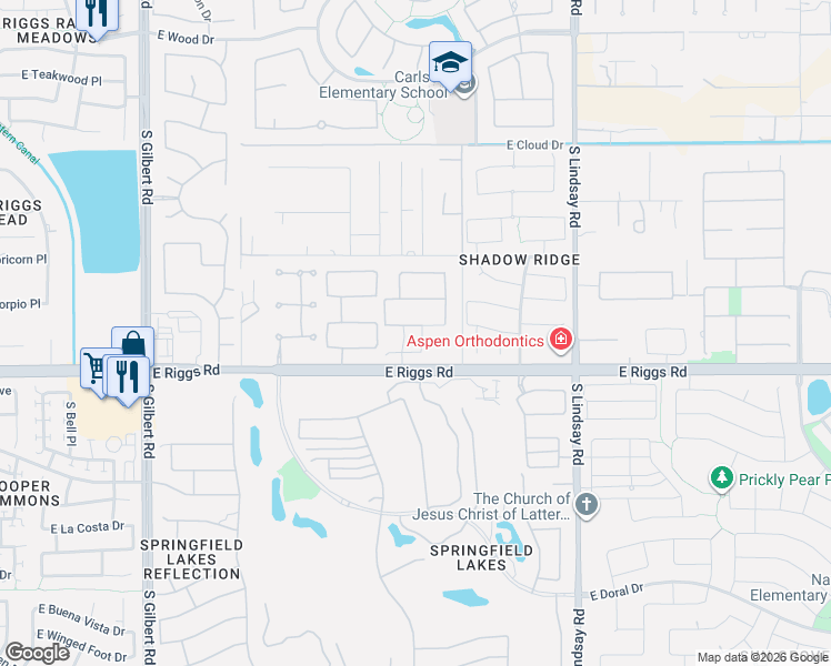 map of restaurants, bars, coffee shops, grocery stores, and more near 5921 South Birch Street in Chandler