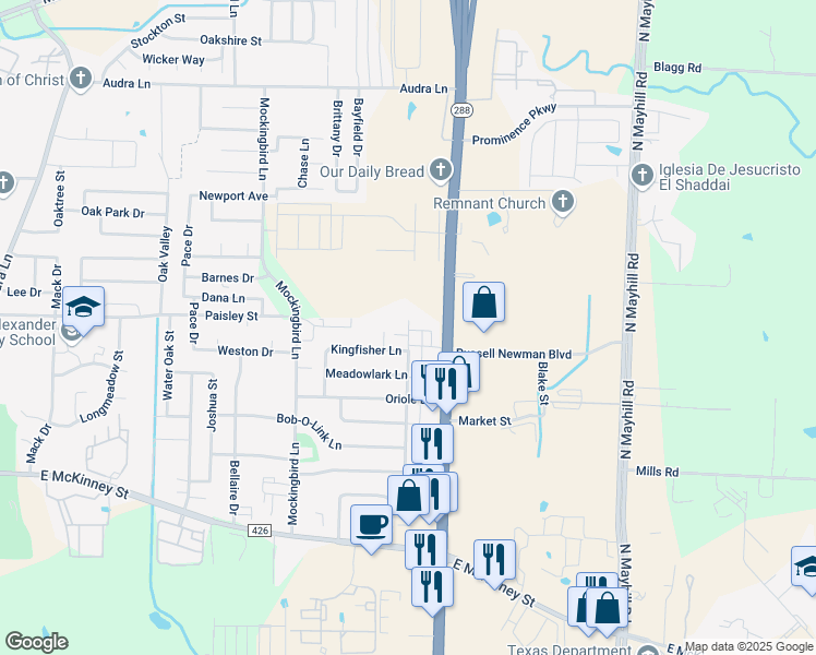 map of restaurants, bars, coffee shops, grocery stores, and more near 517 Cardinal Drive in Denton