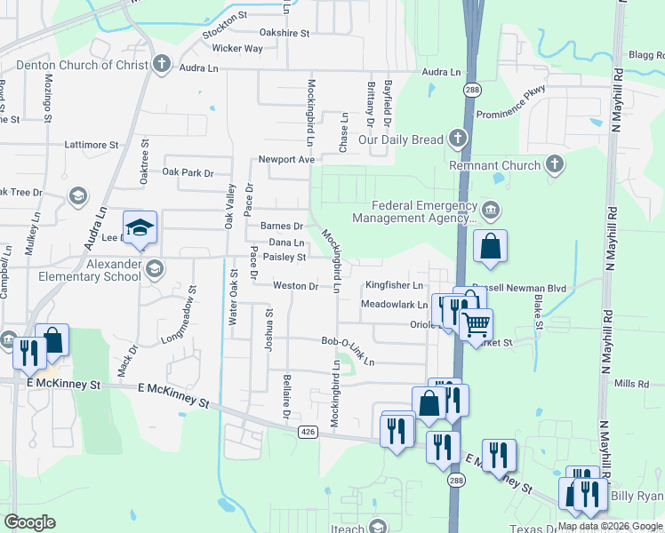 map of restaurants, bars, coffee shops, grocery stores, and more near 417 Mockingbird Lane in Denton