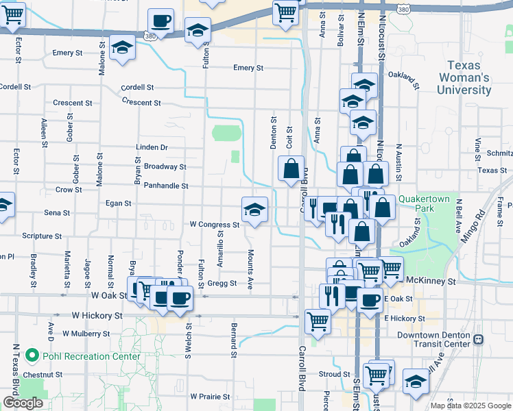 map of restaurants, bars, coffee shops, grocery stores, and more near 716 Egan Street in Denton