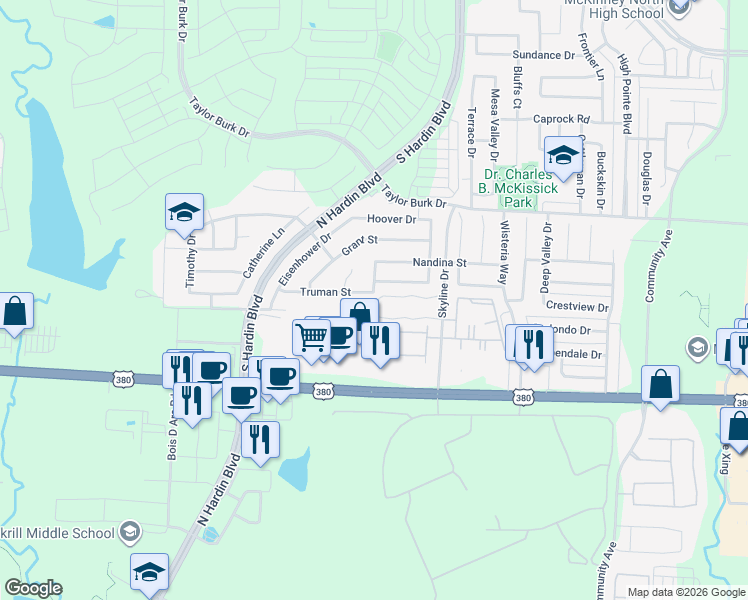 map of restaurants, bars, coffee shops, grocery stores, and more near 3301 Truman Street in McKinney