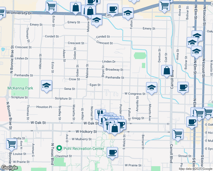 map of restaurants, bars, coffee shops, grocery stores, and more near 4100 Bryan Street in Denton