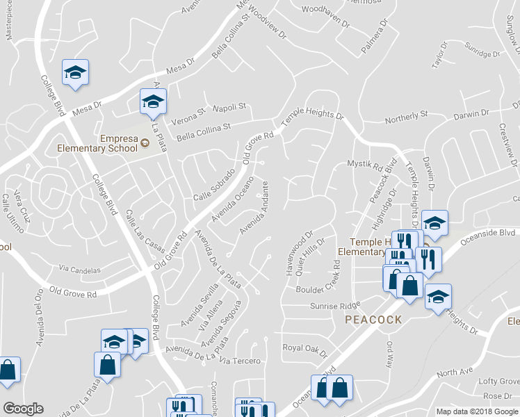 map of restaurants, bars, coffee shops, grocery stores, and more near 1593 Avenida Andante in Oceanside