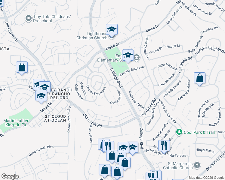 map of restaurants, bars, coffee shops, grocery stores, and more near 1517 Corte Roberto in Oceanside