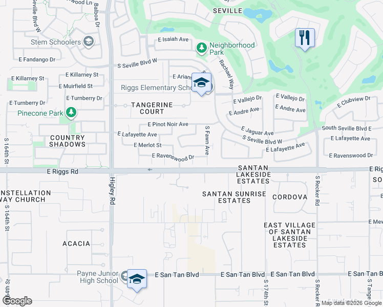 map of restaurants, bars, coffee shops, grocery stores, and more near 3504 East Ravenswood Drive in Gilbert