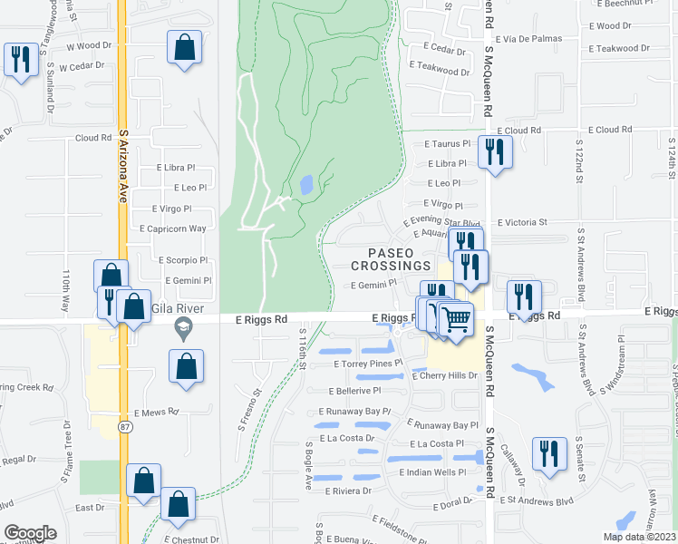 map of restaurants, bars, coffee shops, grocery stores, and more near 707 East Scorpio Place in Chandler
