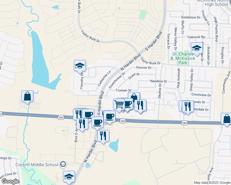 map of restaurants, bars, coffee shops, grocery stores, and more near 3609 Truman Street in McKinney